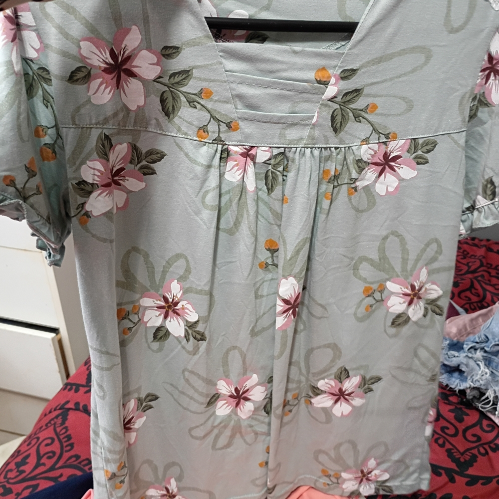 Floral Print Blouse - Green and Pink